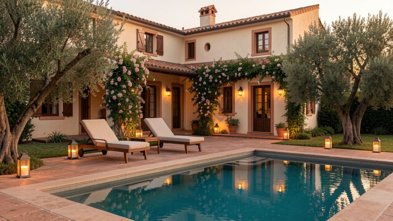 Villa méditerranéenne isolée avec piscine à débordement, fauteuils élégants, oliviers et lanternes dans une lumière dorée du soir.